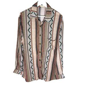 POL Neutral Color Abstract Print Flowy Tunic Length Blouse, Boho Blouse, Medium